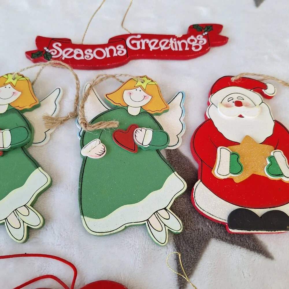 Vintage‎ Flat Wooden Hand Painted Christmas Ornaments Lot of 6 Mixed Makers